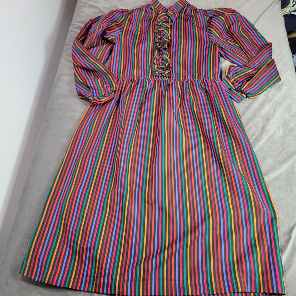Vintage City Scenes by Melissa Striped Ruffle Midi Dress Women 10 Multicolor 80s